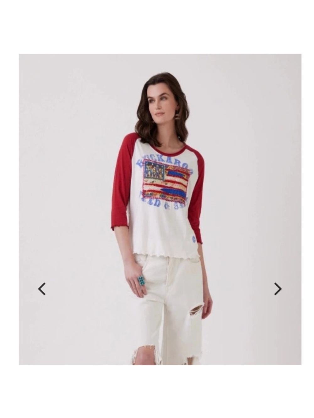 Double D Ranchwear Buckaroo Feed Seed Quilted Flag Baseball Stitch Tulip Hem Tee